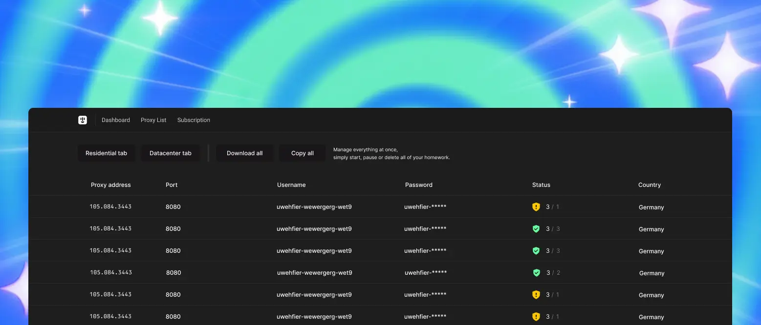 Datacenter proxies dashboard